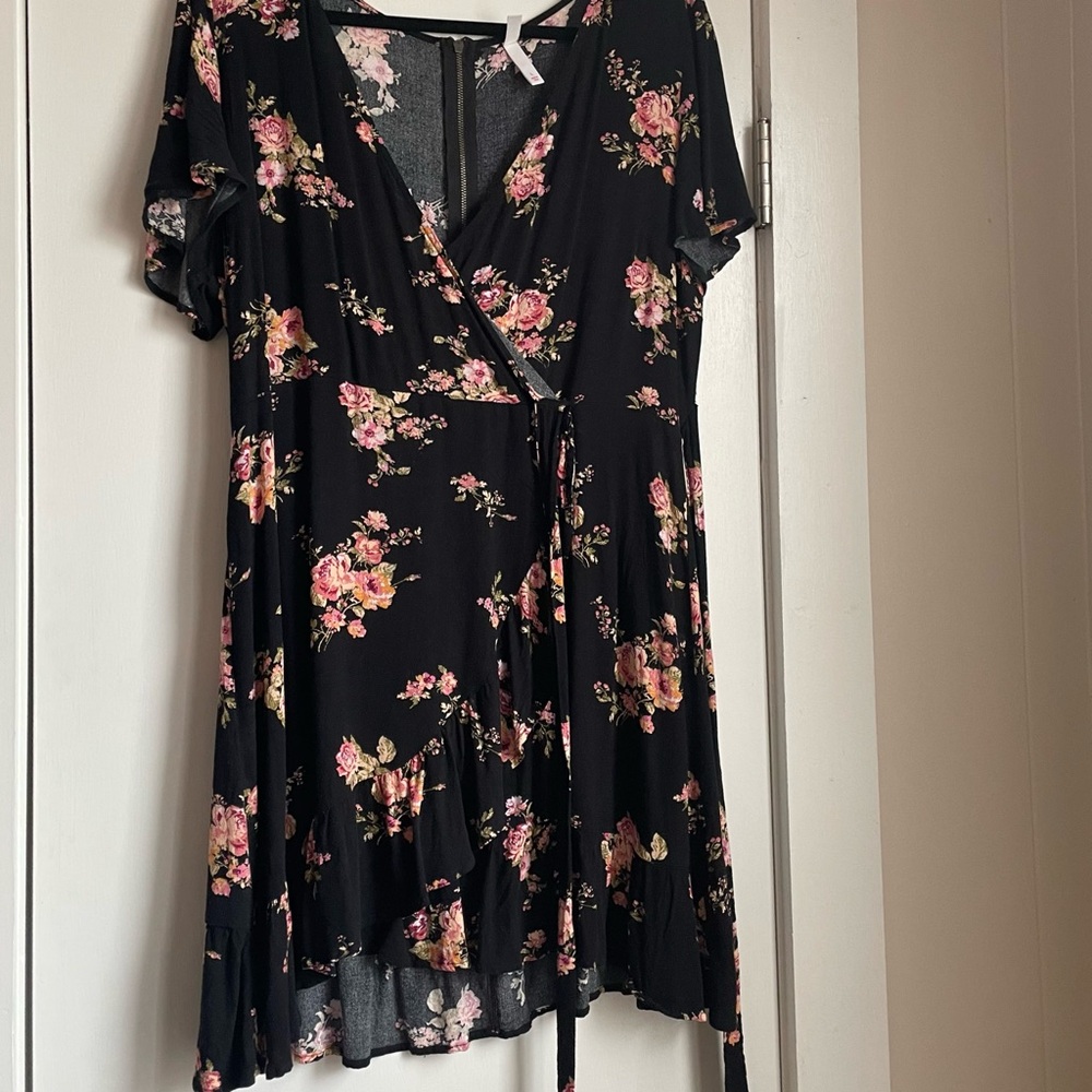 Xhilaration Black and Pink Floral Wrap Dress